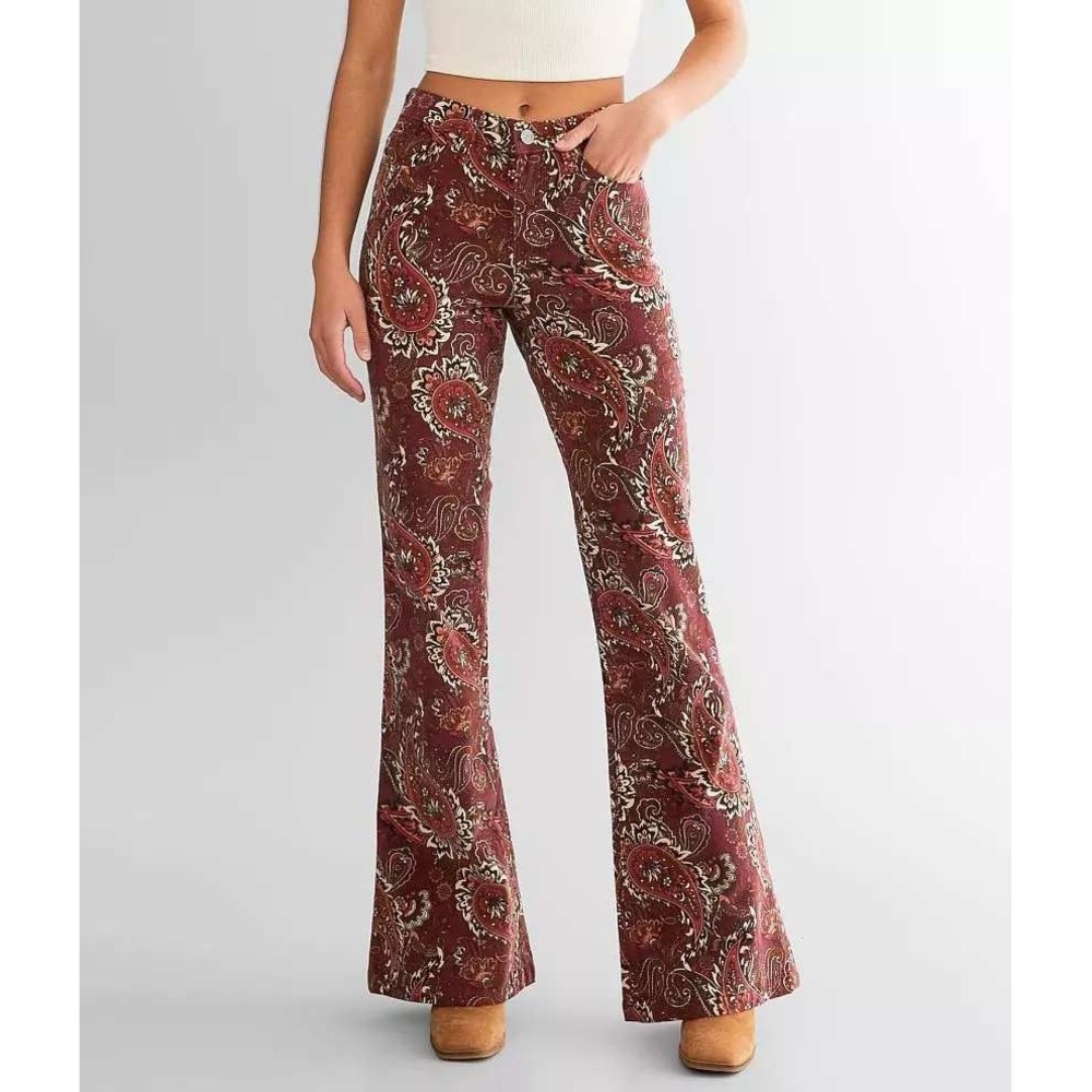 Sterling & Stitch Flare Corduroy Pants Burgundy Paisley Print Womens Size 26‎